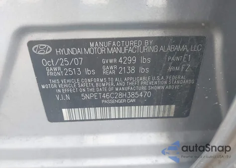 2008 Hyundai Sonata Gls from USA, damaged, VIN 5NPET46C28H385470